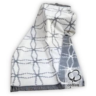 Koc bawełniano-akrylowy 150x200 białe szare cierniste kwiaty