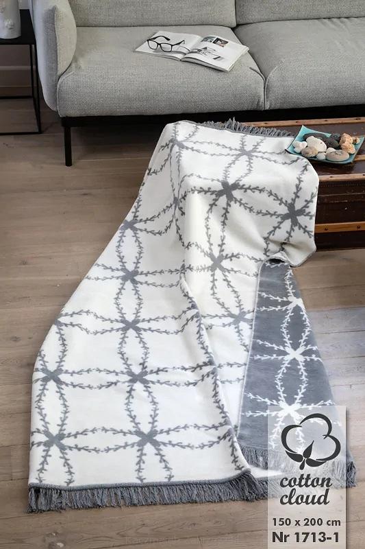 Koc bawełniano-akrylowy 150x200 białe szare cierniste kwiaty