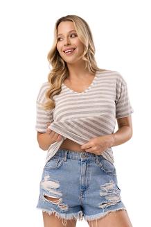 Bluzka damska z krótkim rękawem SERINA jasne paski