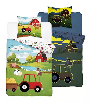 Pościel dla dzieci świecąca w ciemności 160x200 farma i traktor z przyczepą