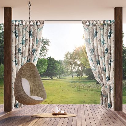 Zasłona gotowa na szelkach wodoodporna GARDEN 155x240 ogrodowa beżowa z motywem botanicznym