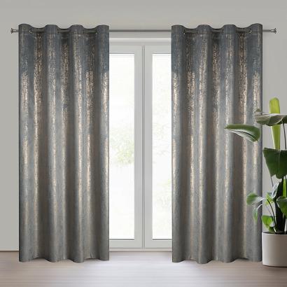 Zasłona gotowa na przelotkach DARA 140x250 Eurofirany welwetowa srebrna złocisty nadruk