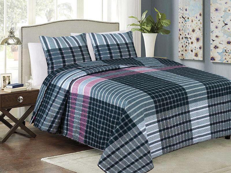 Narzuta dekoracyjna z poszewkami TAVIRA 220x240 grafitowa biała różowa kratka