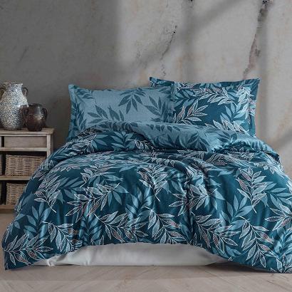 Pościel satyna bawełniana IRENE 160x200 niebieska delikatne liście