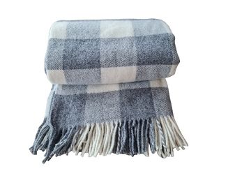 Koc wełniany z frędzlami 150x200 wełna nowozelandzka krata szachownica grafitowa ekri szara