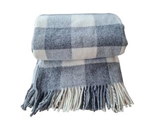 Koc wełniany z frędzlami 150x200 wełna nowozelandzka krata szachownica grafitowa ekri szara