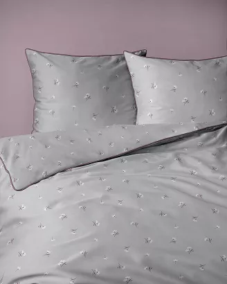 Pościel z perkalu Lamé Percale 220x200 szara drobne kwiatki ozdobna lamówka biza