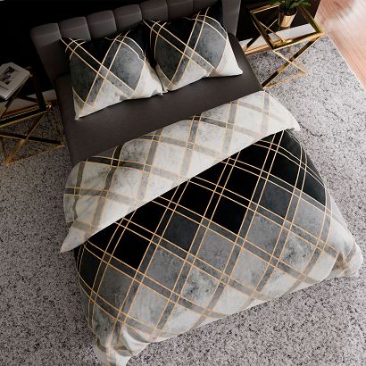 Komplet pościeli z bawełny satynowej CINDERA 160x200 czarna szara beżowa skośna krata