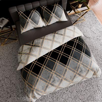 Komplet pościeli z bawełny satynowej CINDERA 160x200 czarna szara beżowa skośna krata