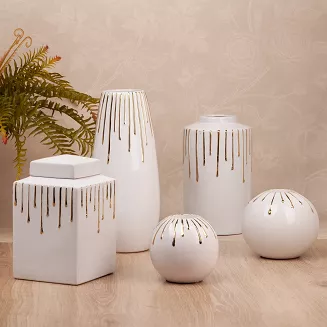 Pojemnik dekoracyjny LUIS 14x23 Eurofirany biały złoty motyw ozdobny a'la ściekająca farba