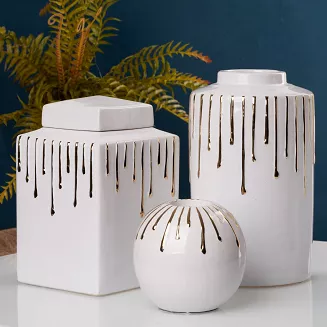 Pojemnik dekoracyjny LUIS 14x23 Eurofirany biały złoty motyw ozdobny a'la ściekająca farba