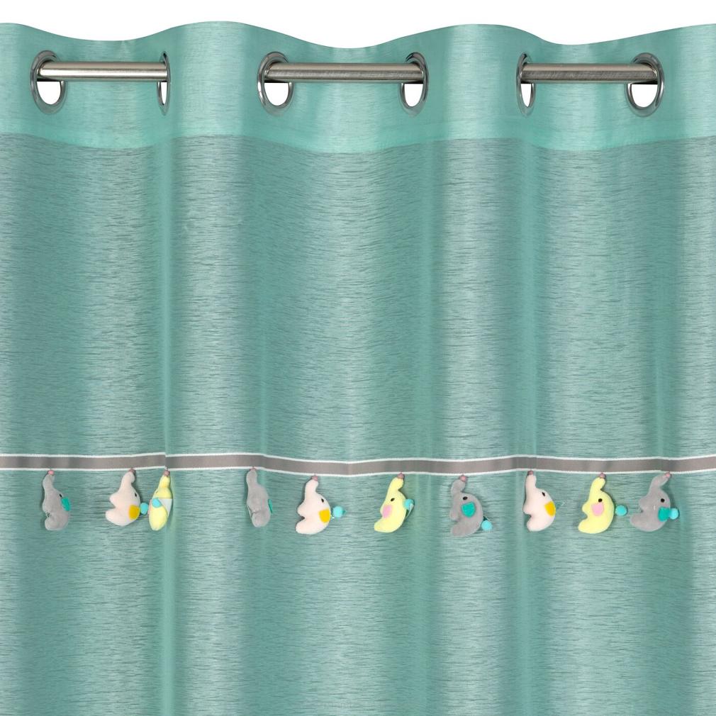 Firana gotowa na przelotkach 140x250 KIDS Eurofirany miętowa ozdobiona taśmą ze słonikami