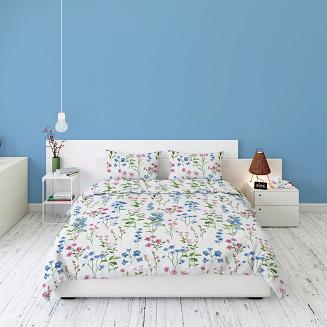 Pościel flanelowa 160x200 biała niebieskie różowe polne kwiaty
