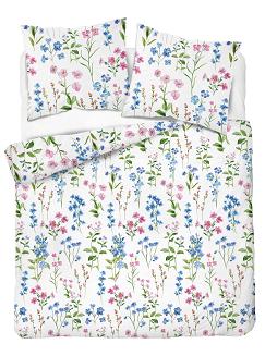 Pościel flanelowa 160x200 biała niebieskie różowe polne kwiaty