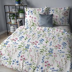 Pościel flanelowa 160x200 biała niebieskie różowe polne kwiaty