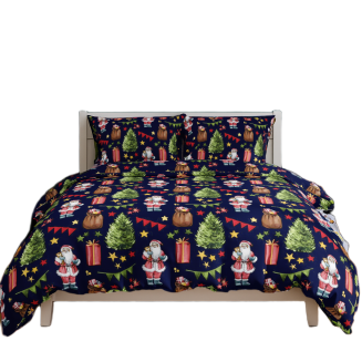 Pościel bawełniana świąteczna 160x200 granatowa mikołaj z misiem choinki prezenty