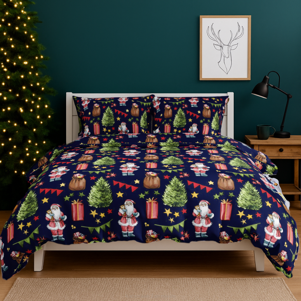 Pościel bawełniana świąteczna 160x200 granatowa mikołaj z misiem choinki prezenty