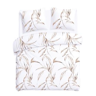 Pościel bawełniana COTTONLOVE 220x200 biała w beżowe liście