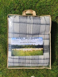 Koc wełniany z frędzlami szara krata