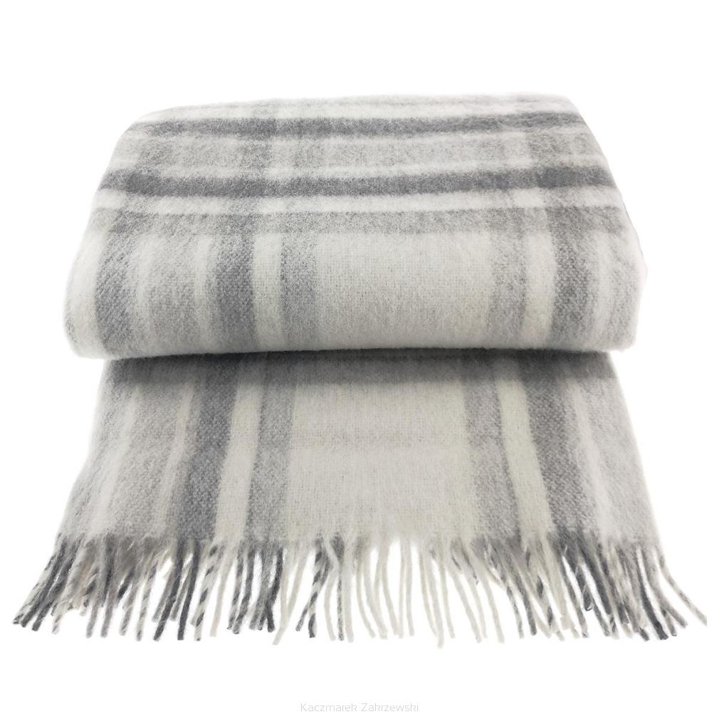 Koc wełniany z frędzlami szara krata
