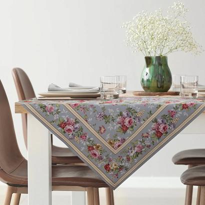 Obrus dekoracyjny gobelin 100x100 Eurofirany popielaty czerwony ogrodowe kwiaty