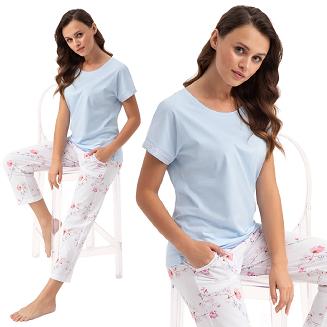 Piżama damska LUNA kod 667 niebieska biała kwiaty koronka