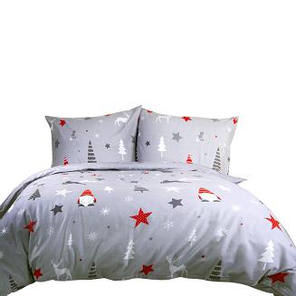 Pościel flanelowa FLANELOVE 180x200 szara skrzaty choinki gwiazdki renifery