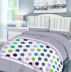 Pościel bawełniana 160x200 COTTONLOVE biała fioletowa kroki paski