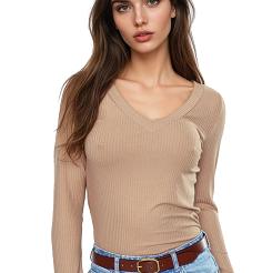 Koszulka damska z długim rękawem z prążkowanej wiskozy Eleonor beżowa