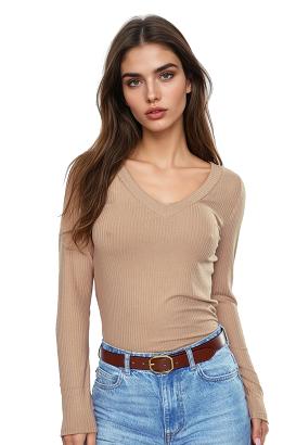 Koszulka damska z długim rękawem z prążkowanej wiskozy Eleonor beżowa