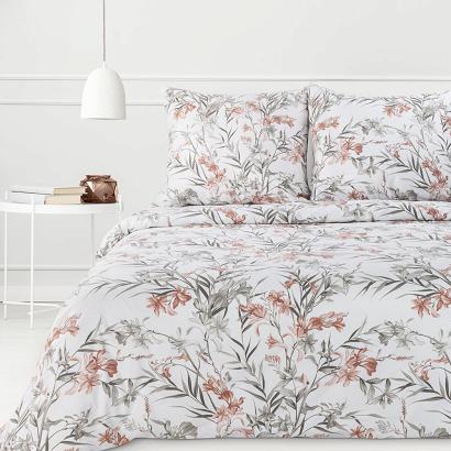 Pościel bawełniana Classic Deluxe SARA 200x220 Eurofirany koralowa biała kwiaty lilie