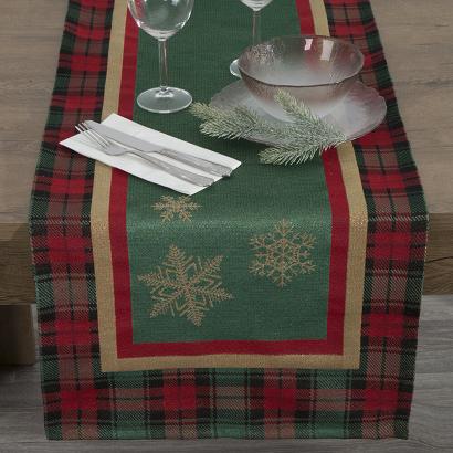 Bieżnik obrus dekoracyjny STAR 45x140 Eurofirany zielony czerwony kratka śnieżynki