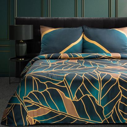Pościel z tkaniny tencel LILI1 160x200 Eurofirany ciemnozielona złocista beżowa w liście