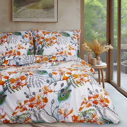 Pościel bawełniana COTTONLOVE 180x200 biała pomarańczowa tropikalne kwiaty