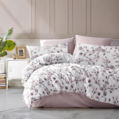 Pościel satyna bawełniana PUHA 220x200 LUXURY biała różowa kwiaty