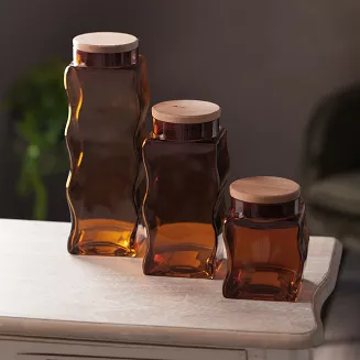 Pojemnik dekoracyjny KELSI2 10x24 Eurofirany miodowy szkło artystyczne drewniana pokrywka