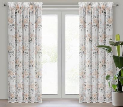 Zasłona gotowa na taśmie ELLIE 140x270 Eurofirany kremowa łososiowe kwiaty