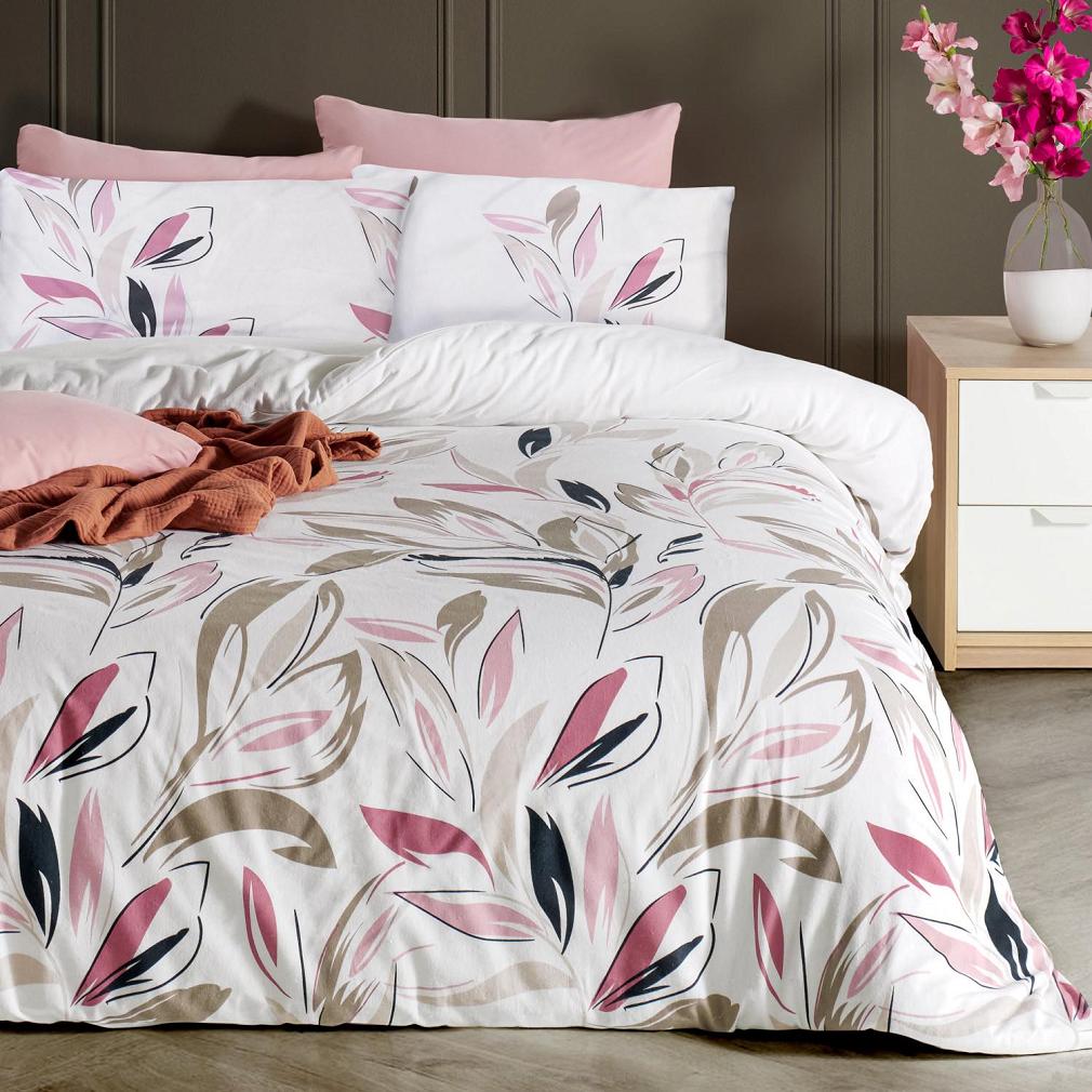 Pościel flanela 220x200 Darymex biała pudrowy róż liście