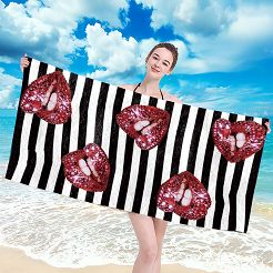 Ręcznik plażowy 100x180 biały czarny paski czerwone usta