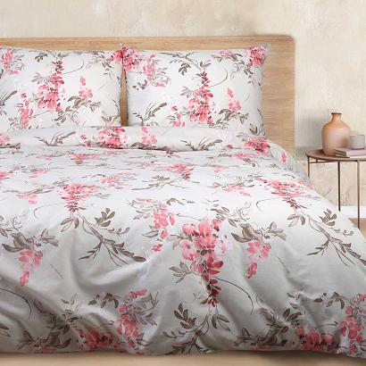 Pościel bawełniana COTTONLOVE 160x200 jasnobeżowa różowe kwiaty akacji