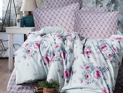 Pościel satyna bawełniana GOYA 220x200 EXCLUSIVE błękitna delikatne róże