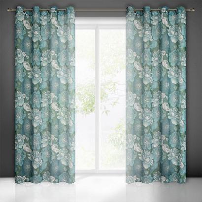 Zasłona gotowa na przelotkach ASTER 140x250 Eurofirany ciemnomiętowa w duże kwiaty