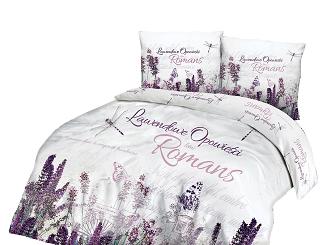 Pościel bawełniana 220x200 PANELOVE biała w fioletowe lawendy