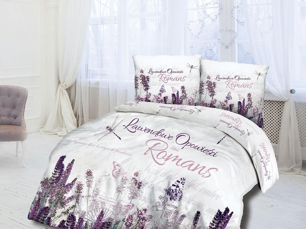 Pościel bawełniana 220x200 PANELOVE biała w fioletowe lawendy