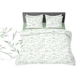 Pościel z satyny luksusowej 140x200 biała zielona herbaciane listki