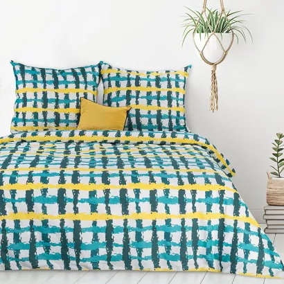 Pościel bawełniana IDA 200x220 Design91 zielona żółta kratka na białym tle