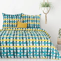 Pościel bawełniana IDA 200x220 Design91 zielona żółta kratka na białym tle