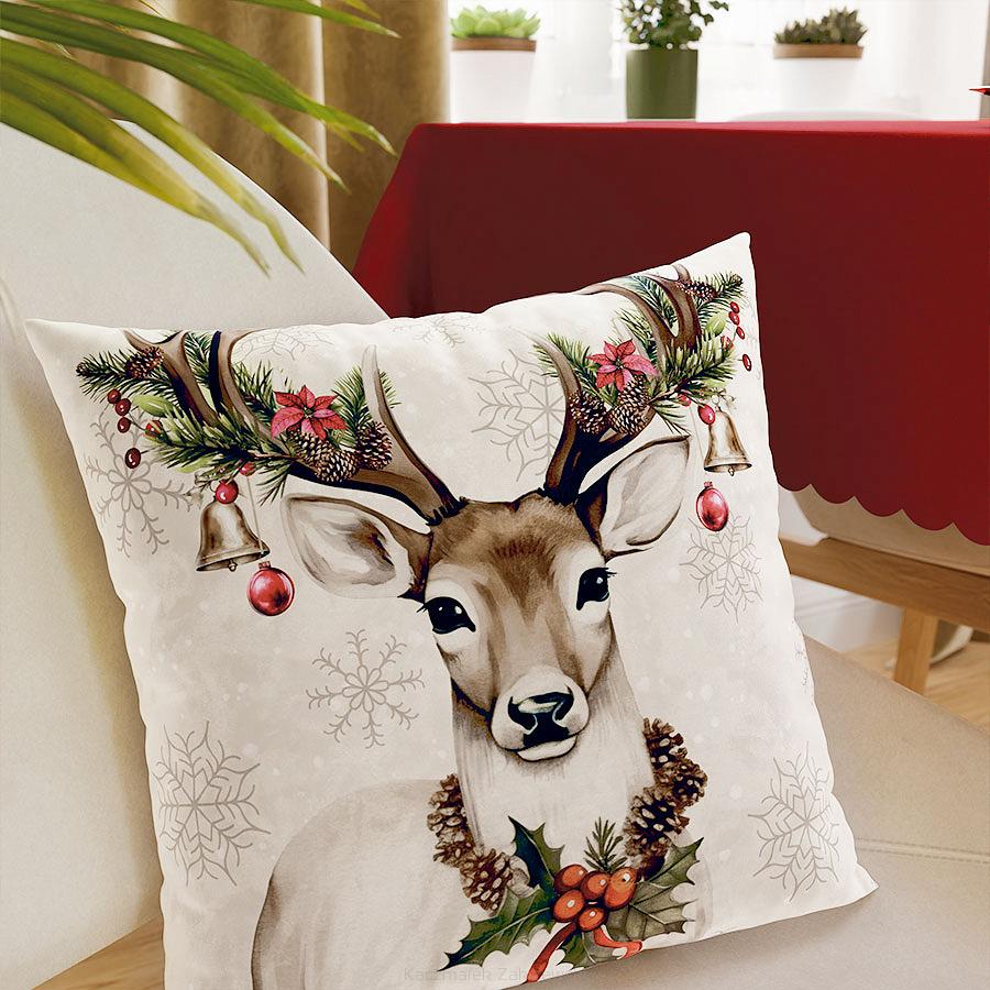 Poszewka dekoracyjna świąteczna VINTAGE JELONEK 40x40 welwetowa beżowa