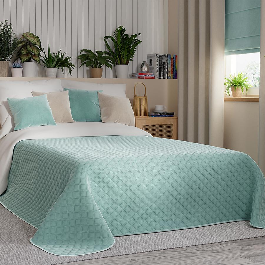 Narzuta dekoracyjna VELVI 220x240 pikowana w geometryczny wzór miętowa