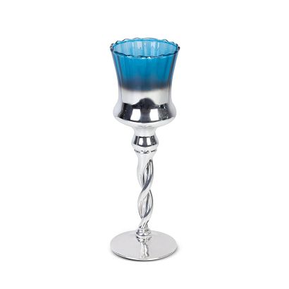 Świecznik dekoracyjny CLARE2 10x30 Eurofirany srebrny niebieski kielich na ozdobnej nóżce